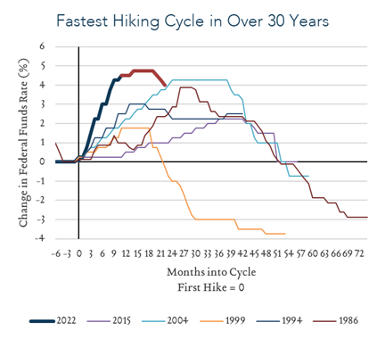 Percent Change in Federal Funds Rate over Months into Cycle. Fastest Hiking Cycle in 30 Years.